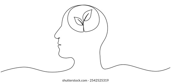 Human head with leaves inside continuous line drawn. Mental health concept. Self care symbol. Vector illustration isolated on white.