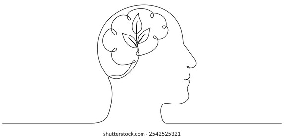 Human head with leaves inside continuous line drawn. Mental health concept. Self care symbol. Vector illustration isolated on white.