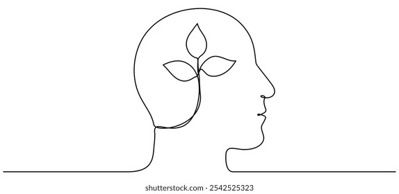 Human head with leaves inside continuous line drawn. Mental health concept. Self care symbol. Vector illustration isolated on white.