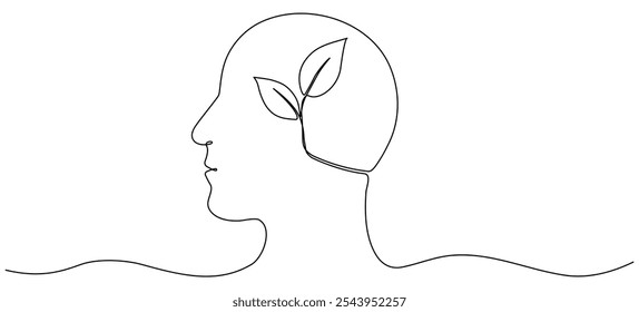 Human head with leaves inside continuous line drawn. Mental health concept. Self care symbol. Vector illustration isolated on white.