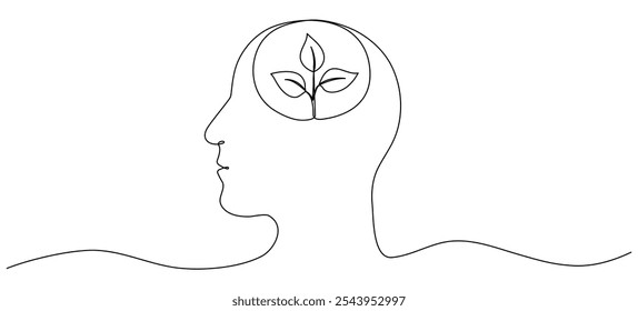 Human head with leaves inside continuous line drawn. Mental health concept. Self care symbol. Vector illustration isolated on white.