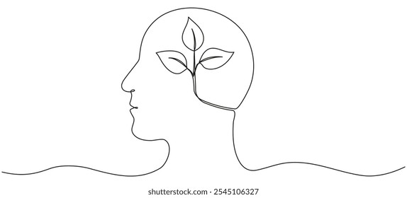 Human head with leaves inside continuous line drawn. Mental health concept. Self care symbol. Vector illustration isolated on white.