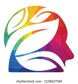 Human head leaves logo illustration. Organic head brain logo concept design.