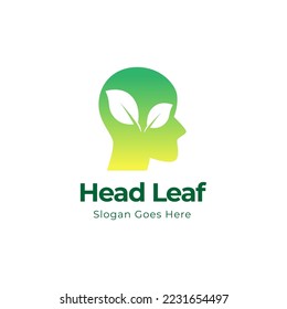 Human head leaves logo illustration. Organic head brain logo concept design. 