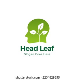 Human head leaves logo illustration. Organic head brain logo concept design. 
