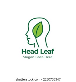 Human head leaves logo illustration. Organic head brain logo concept design. 