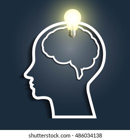 Human head with light bulb. Creative new Idea.