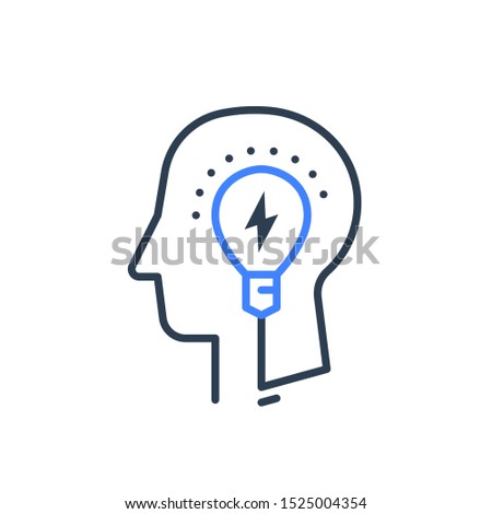 Human head and light bulb idea line icon, cognitive creative mind psychology or psychiatry concept for intellect development. Smart solution, and training skills, vector linear design