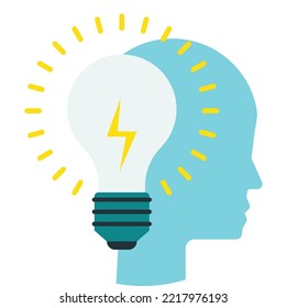 human head and light bulb illustration in minimal style isolated on background