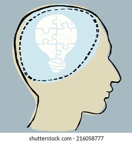 Human head with light bulb inside, vector illustration
