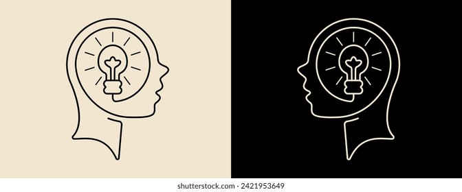 Human head with a light bulb inside. Line art symbol, linear graphic element metaphor for mind power, creativity, education, development. Minimalist design. Vector illustration.