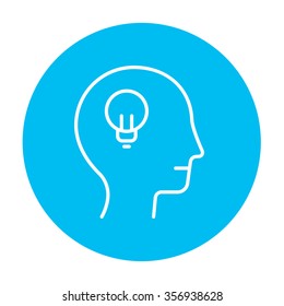 Human head with light bulb line icon for web, mobile and infographics. Vector white icon on the light blue circle isolated on white background.