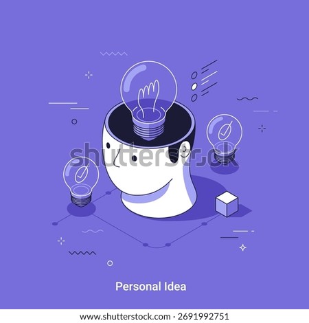 Human head with light bulb in a thin line cartoon style isometric illustration. Creative thinking and personal idea concept. 3D vector illustration.