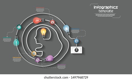 Human Head, Light bulbs 5 colors -  modern design Idea and Concept  Vector illustration Business  Infographic template.