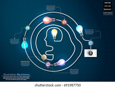 
Human Head, Light bulbs 5 colors -  modern design Idea and Concept  Vector illustration Business  Infographic template.
