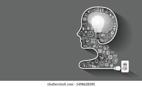 Human Head, Light bulbs and brain  -   modern design Idea and Concept  Vector illustration Business.