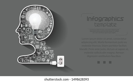 Human Head, Light bulbs and brain  -   modern design Idea and Concept  Vector illustration Business  Infographic template.