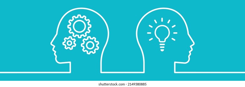 Human head with light bulbs and gears. Two human heads in a linear style, idea. Vector illustration.