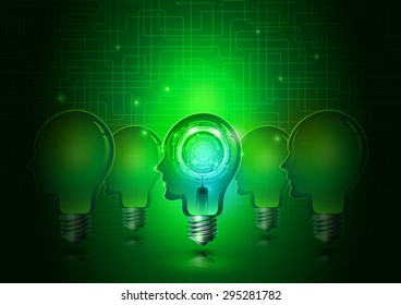 Human Head Light Bulbs with Technology Green Background, Vector Illustration