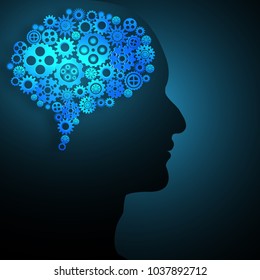 human head and light gear brain on blue background as business, science,intelligence idea and craft style concept. vector illustration.