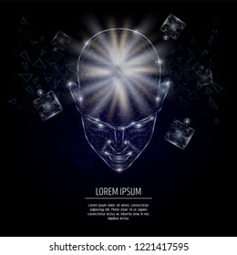 Human head with light rays low poly wireframe mesh made of points, lines and shapes. Vector illustration. Psychology poster banner template.