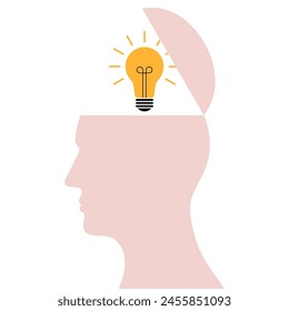 Human Head with Lightbulb. Brainstorm, Creativity and Thinking Idea Concept. Vector Illustration. 