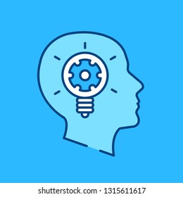 Human head with lightbulb and cog. Man face silhouette with light bulb and gear. Modern flat line design. Vector illustration