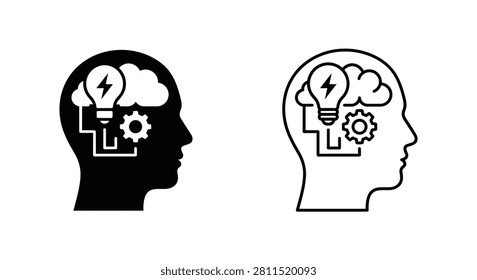 Human head with lightbulb and gears silhouette a conceptual line art illustration brainstorming thought intellect