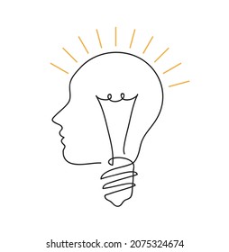 La bombilla de la cabeza humana brilla. Idea Concepto. Dibujo continuo de líneas. Ilustración del vector del doodle dibujado a mano en una línea continua. Diseño decorativo de líneas de arte