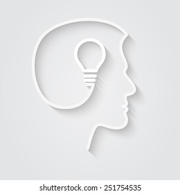 Human head with lightbulb inside. Creative concept of innovation, mind power, inspirational idea. Human thinking about success solution. Modern flat line style vector illustration