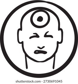 menschlicher Kopf mit Blitzen über Bügeln, die Kopfschmerzen symbolisieren. Clean Line Art für medizinische Apps, Schmerztagebücher, Gesundheits-Blogs oder Wellness-Tracker. Symbol für minimale Gliederung 