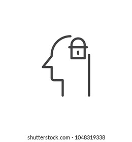 Human head and lock outline icon. linear style sign for mobile concept and web design. Privacy think simple line vector icon. Symbol, logo illustration. Pixel perfect vector graphics