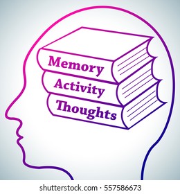 Human Head Logo Silhouette,Brain Studying Conception.Books in brain named Memory,Activity,Thoughts symbolizing Personal development,Brain Learn on white luminous background.Human psychology concept