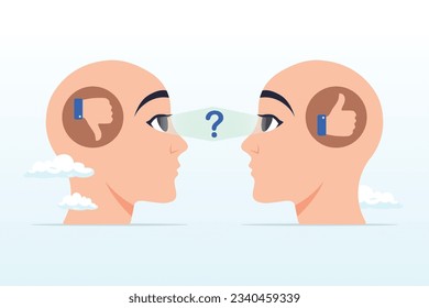 Human head looking at object with difference perception, perception process to interpret information, though or opinion depend on personality or perspective, difference bias or illusion (Vector)