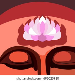 Human head with lotus flower on forehead.  Spirituality, peace, mindful, meditation concept illustration vector.
