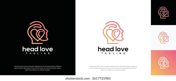 Human head and love logo design. Human head logo design with love symbol combined vector icon.	