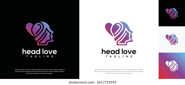Human head and love logo design. Human head logo design with love symbol combined vector icon.	