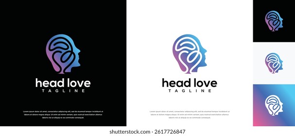 Human head and love logo design. Human head logo design with love symbol combined vector icon.	