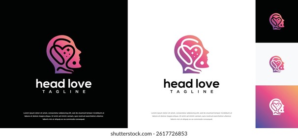 Human head and love logo design. Human head logo design with love symbol combined vector icon.	