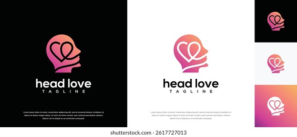 Human head and love logo design. Human head logo design with love symbol combined vector icon.	