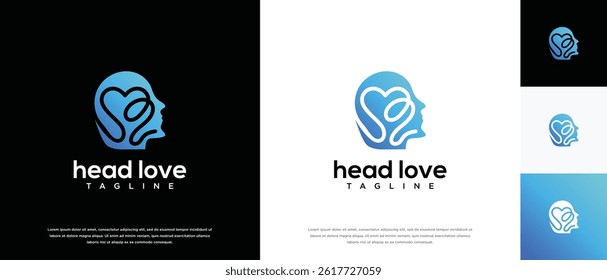Human head and love logo design. Human head logo design with love symbol combined vector icon.	