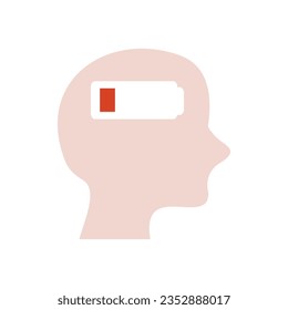 Human head with low battery. Burnout, productivity, heavy workload, mental health concepts. Flat vector design isolated illustration on white background. 