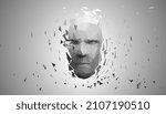 Human head, low poly style 3d vector wireframe object broken into different particles.