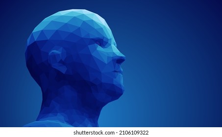 Menschlicher Kopf, 3D-Vektorgrafik-Objekt mit Low-Poly-Stil, unterteilt in verschiedene Teilchen.