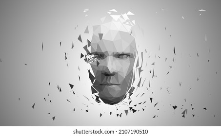 Human head, low poly style 3d vector wireframe object broken into different particles.