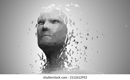 Human head, low poly style 3d vector wireframe object broken into different particles.
