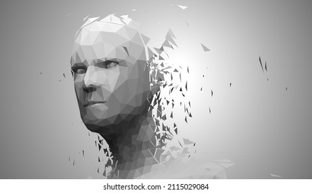 Human head, low poly style 3d vector wireframe object broken into different particles.