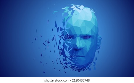 Human head, low poly style 3d vector wireframe object broken into different particles.