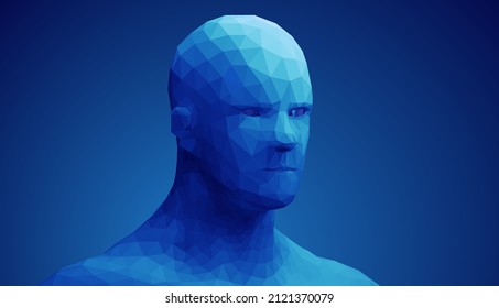 Cabeza humana, objeto de trama vectorial 3d de bajo estilo poly dividido en diferentes partículas.