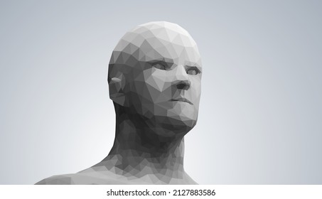 Human head, low poly style 3d vector wireframe object broken into different particles.